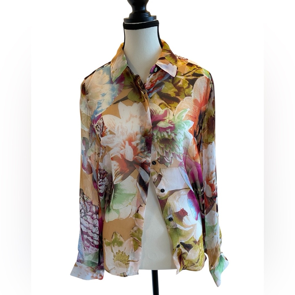Simply Vera Vera Wang Sheer Chiffon Floral Button-Up Blouse Size M feminine